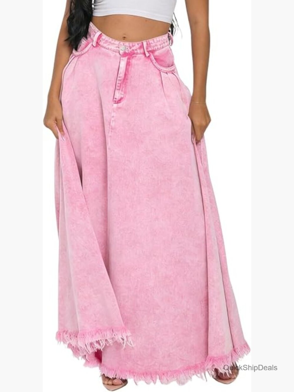 High Waisted Distressed A-Line Denim Maxi Skirt Frayed Hem Flowy